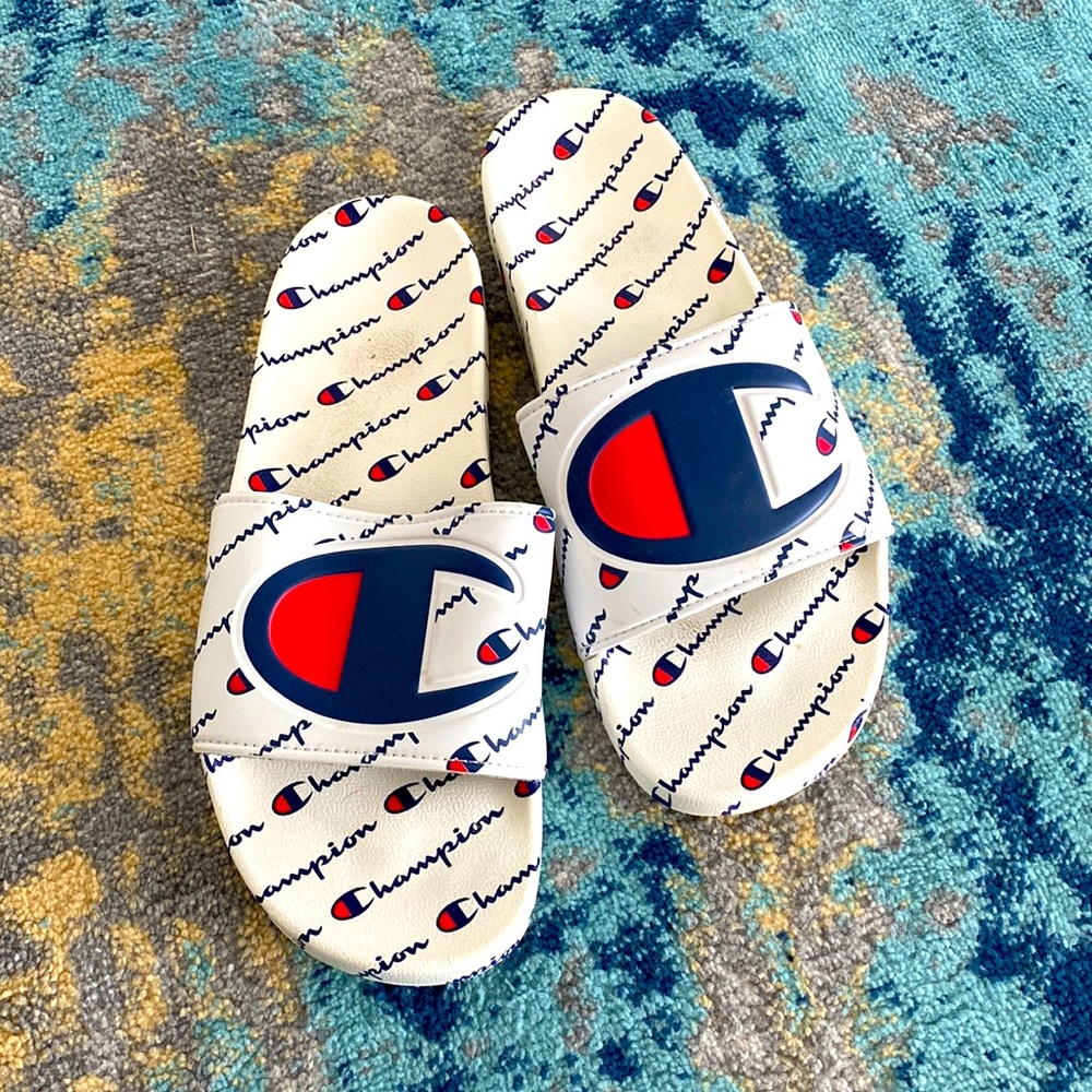 Mens Size 11 Champion Brand Red White & Blue Flip Flops Slides Good Used Conditi